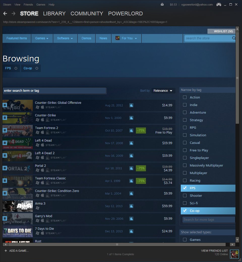 Steam Discovery search page